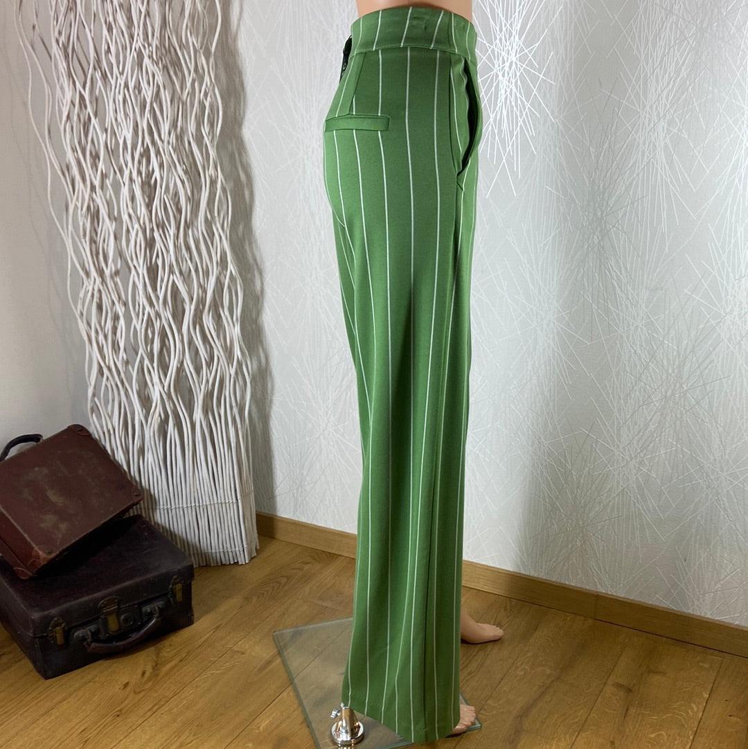 Pantalon femme vert rayé taille haute coupe ample Ihruti Wide Ichi - Offre-Unique