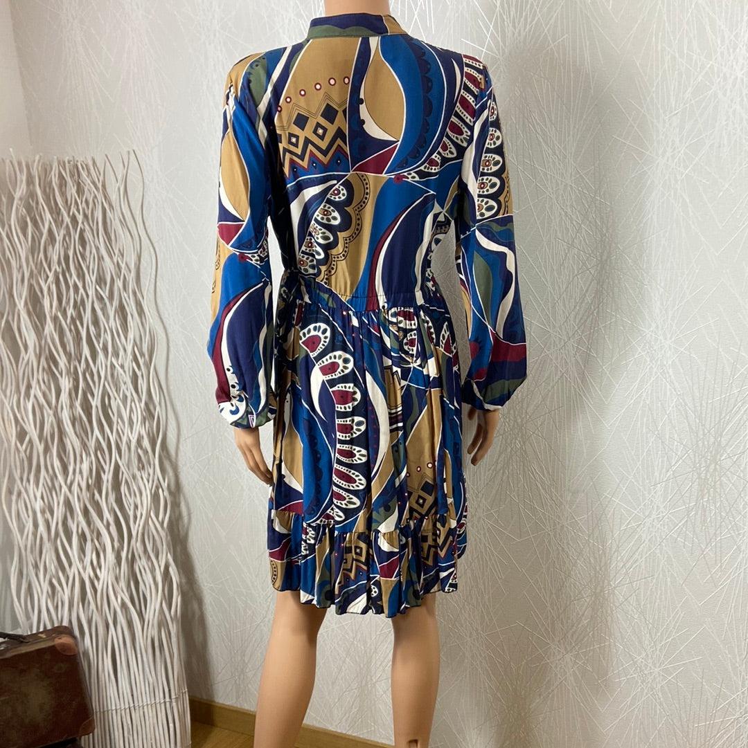 Robe courte cintrée bleu multicolore manches longues Studio Birkin - Offre-Unique