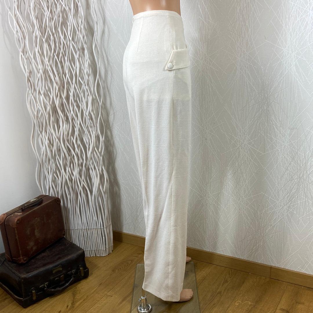 Pantalon blanc fluide léger taille haute jambes larges - Offre-Unique