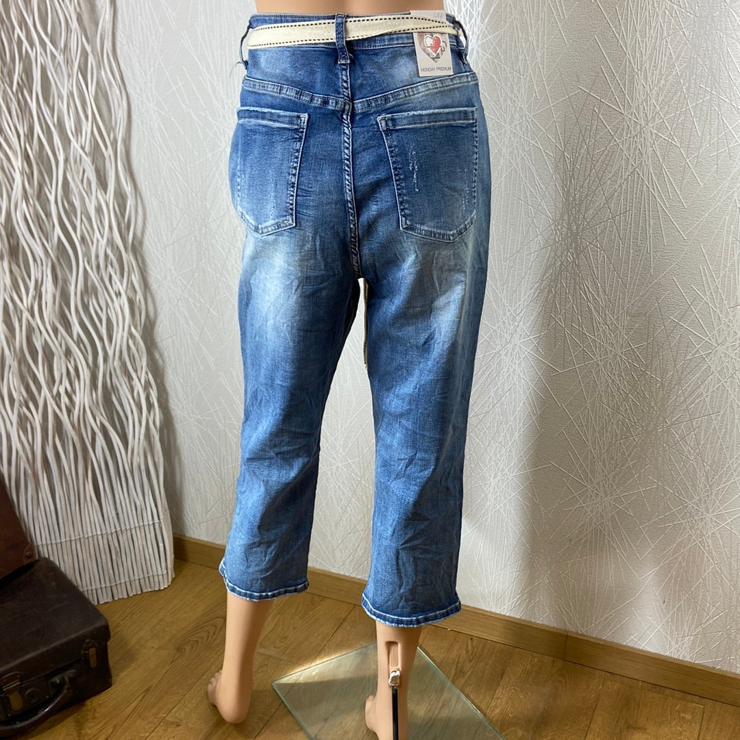 Pantacourt taille haute cordon à nouer jeans bleu Monday Premium