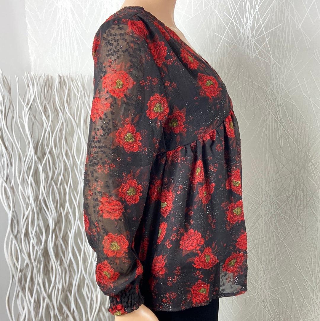 Blouse doublée rouge fleurie col V manches longues transparentes Les Petites Fleurs - Offre-Unique