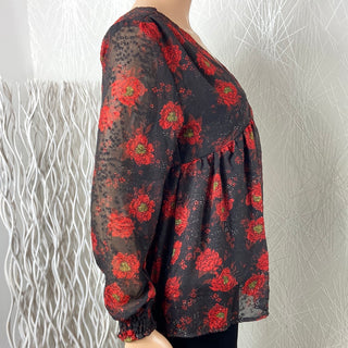 Blouse doublée rouge fleurie col V manches longues transparentes Les Petites Fleurs