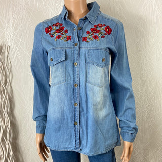 Chemise femme coton jean denim broderies fleurs Po & M