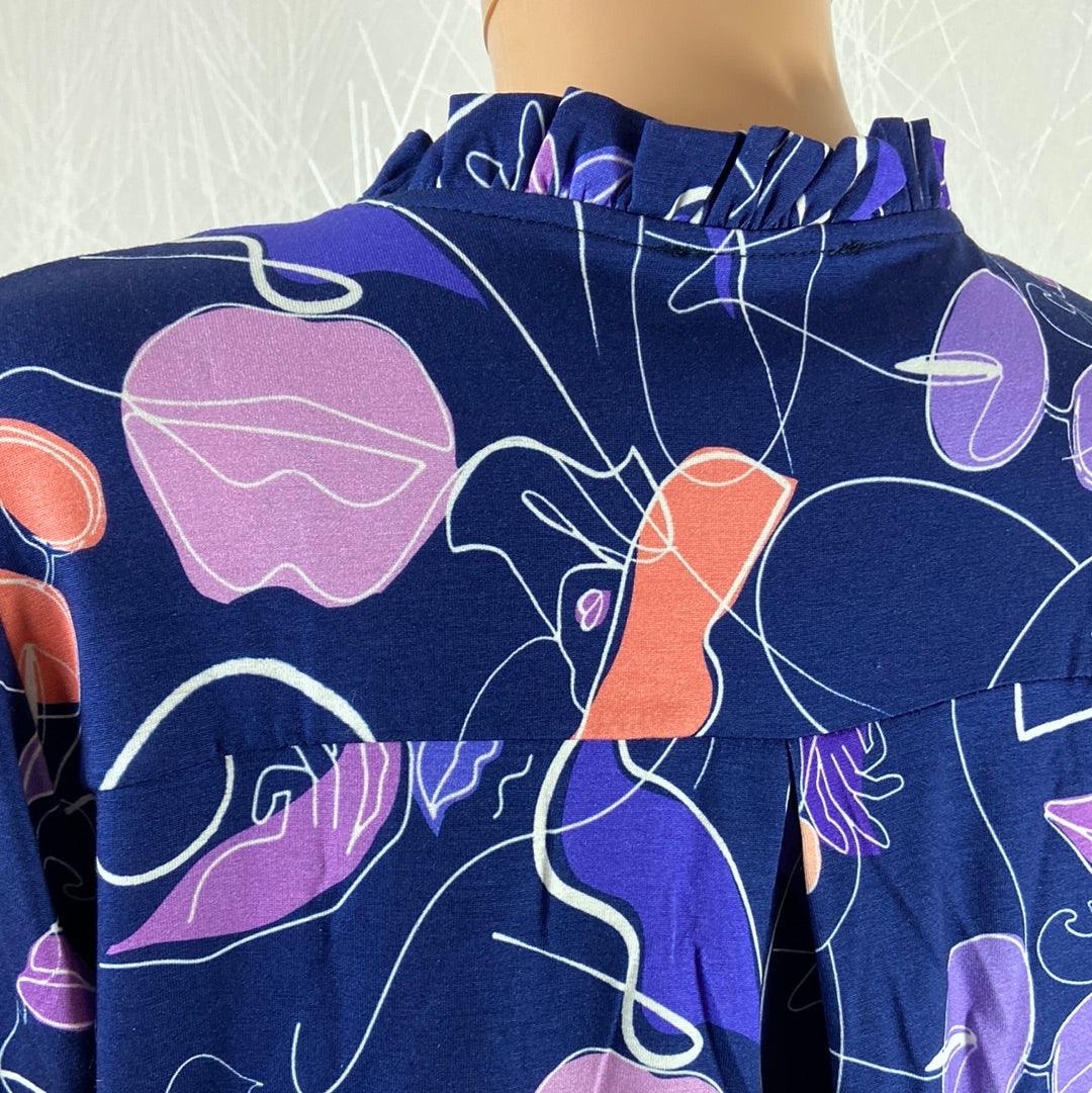Blouse bleue à motifs col V manches longues plis Le Singe de Julie - Offre-Unique