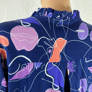 Blouse bleue à motifs col V manches longues plis Le Singe de Julie