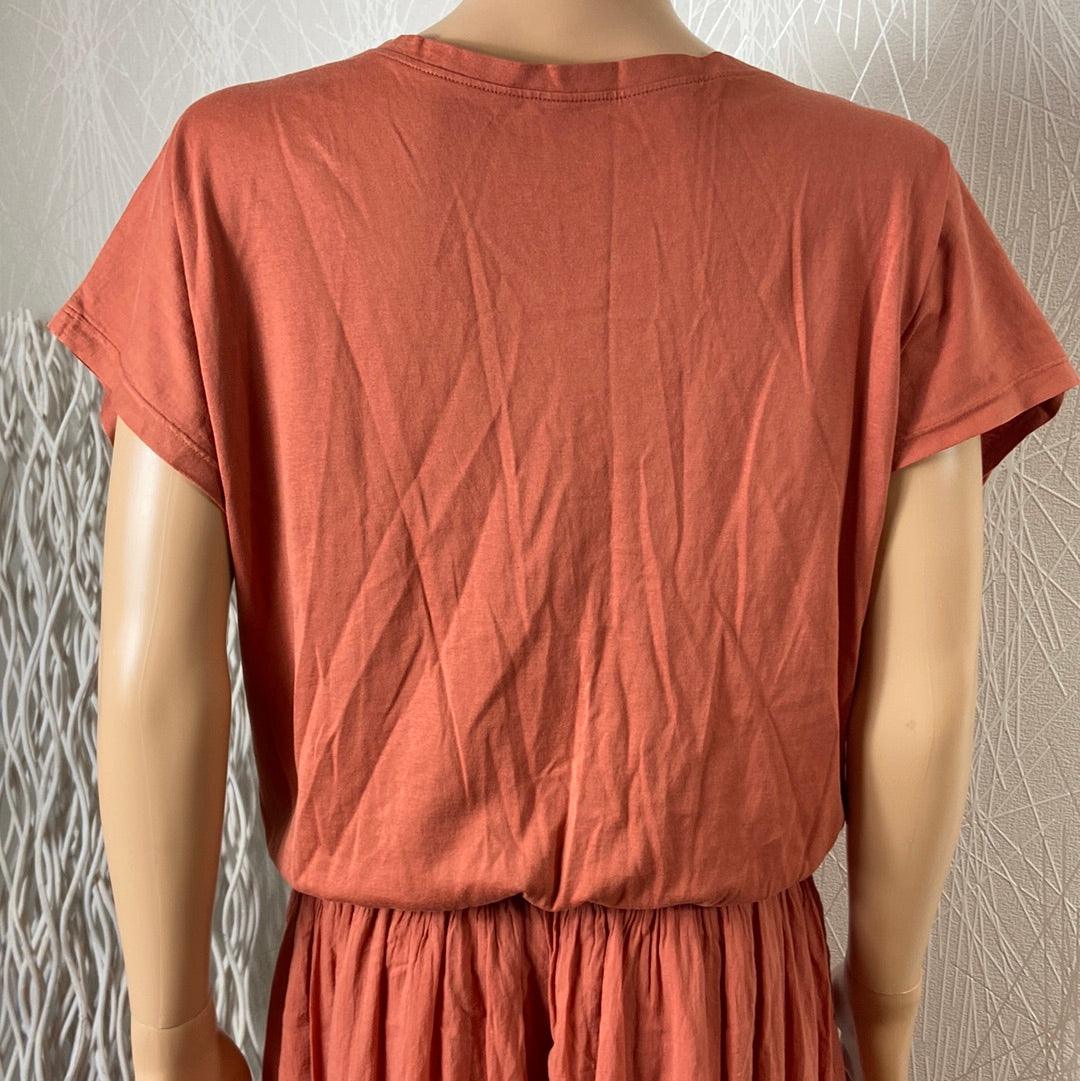 Robe longue coton ceintrée manches courtes col V brun orangé - Offre-Unique