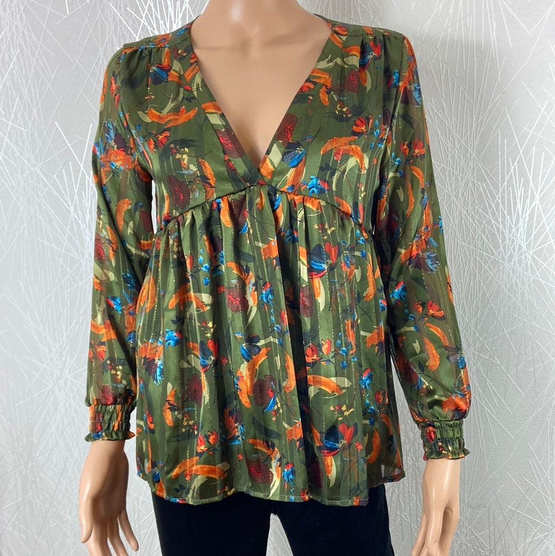 Blouse doublée multicolore col V fils dorés manches longues transparentes Les Petites Fleurs - Offre-Unique