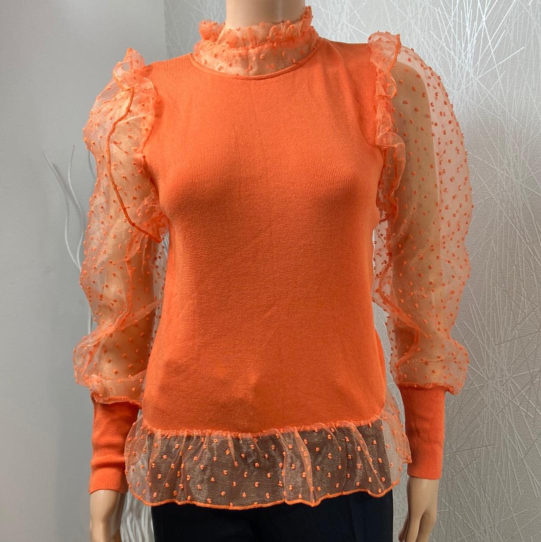 Pull orange manches transparentes broderie Papillonne - Offre-Unique