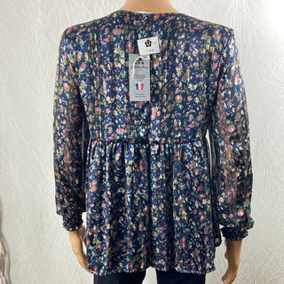 Blouse bleu marine motifs fleuris col V Les Petites Fleurs