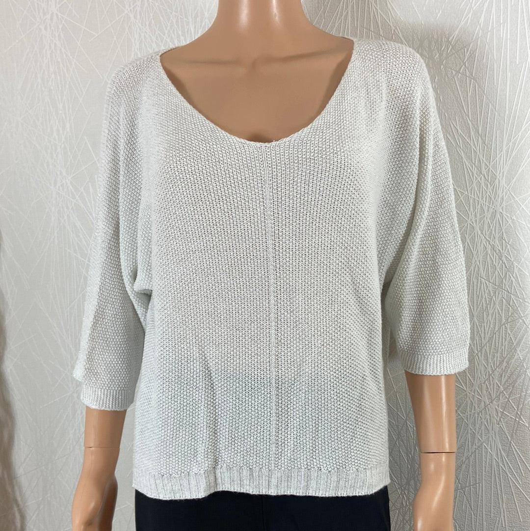 Pull blanc ample femme manches 3/4 col V fils argentés Made In Italy - Offre-Unique