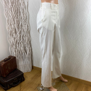 Pantalon blanc habillé de créateur motif nid d'abeille taille haute coupe droite Tabala Paris