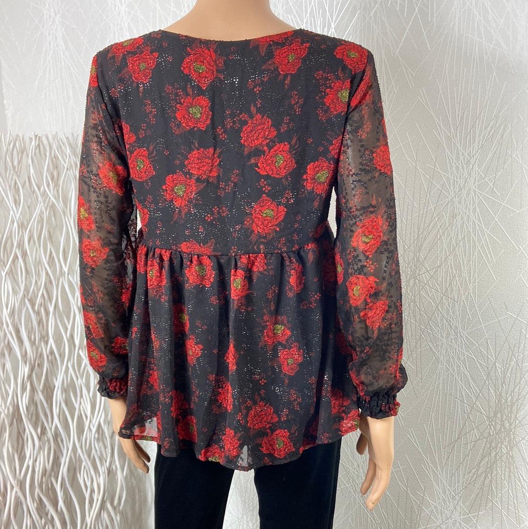 Blouse doublée rouge fleurie col V manches longues transparentes Les Petites Fleurs - Offre-Unique