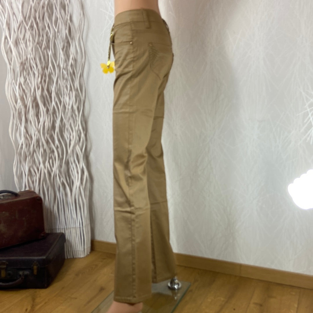 Pantalon coton enduit couleur camel taille normale jambes évasées Just One