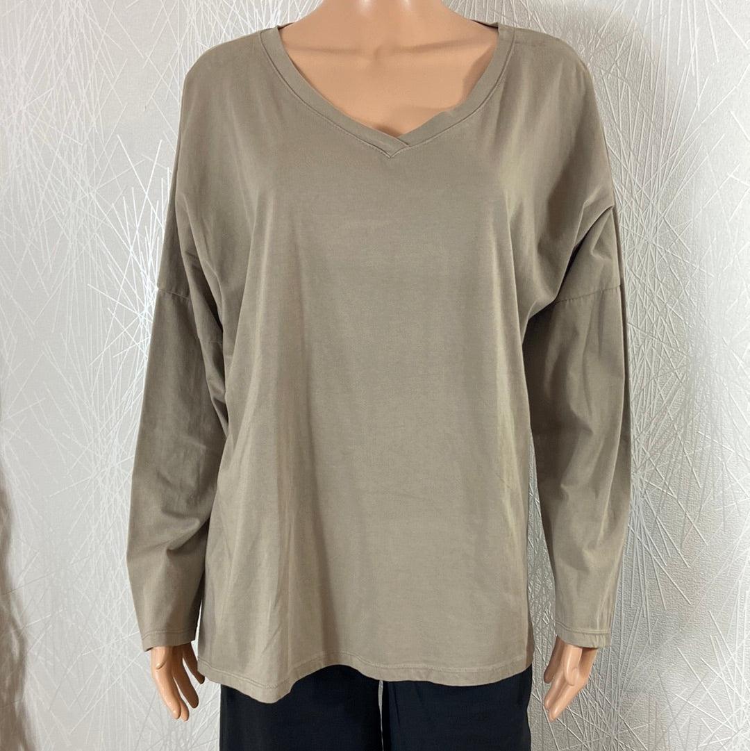Top ample asymétrique manches longues coton beige col V Made In Italy - Offre-Unique