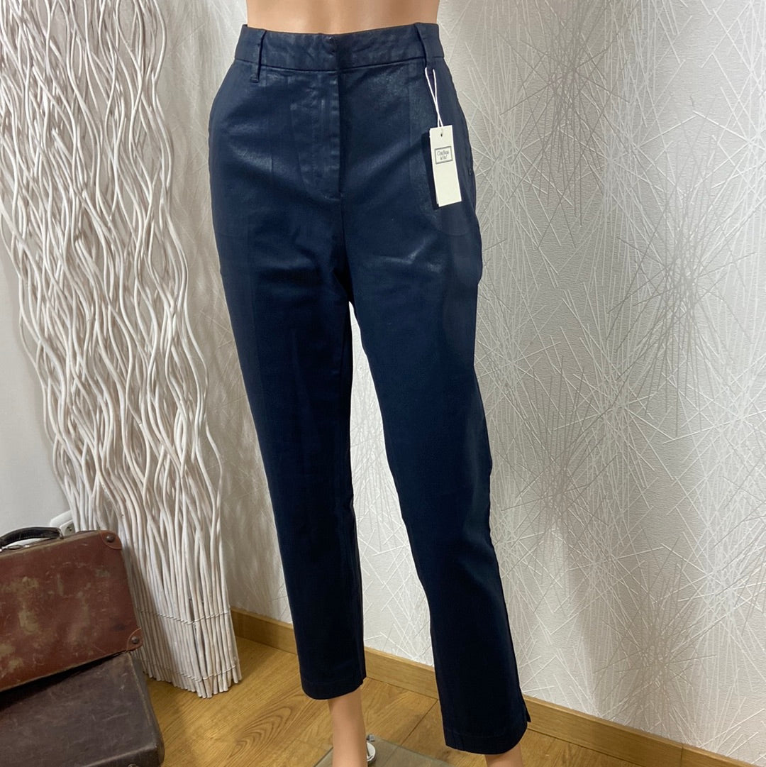 Pantalon femme coton enduit bleu marine taille haute coupe droite C’est Beau la Vie