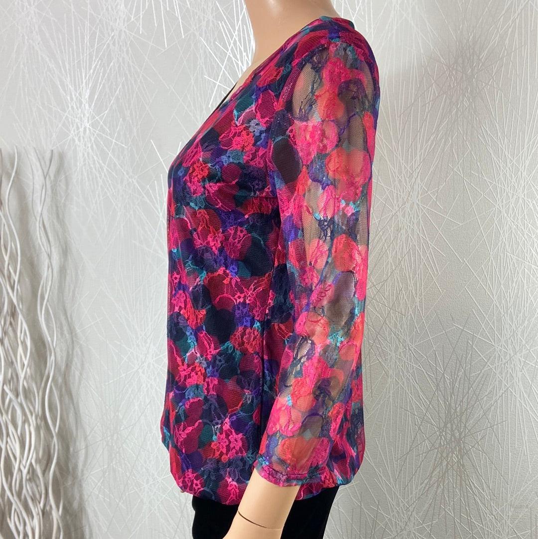 Blouse doublée multicolore dentelle col V manches 3/4 transparentes Le Singe de Julie - Offre-Unique
