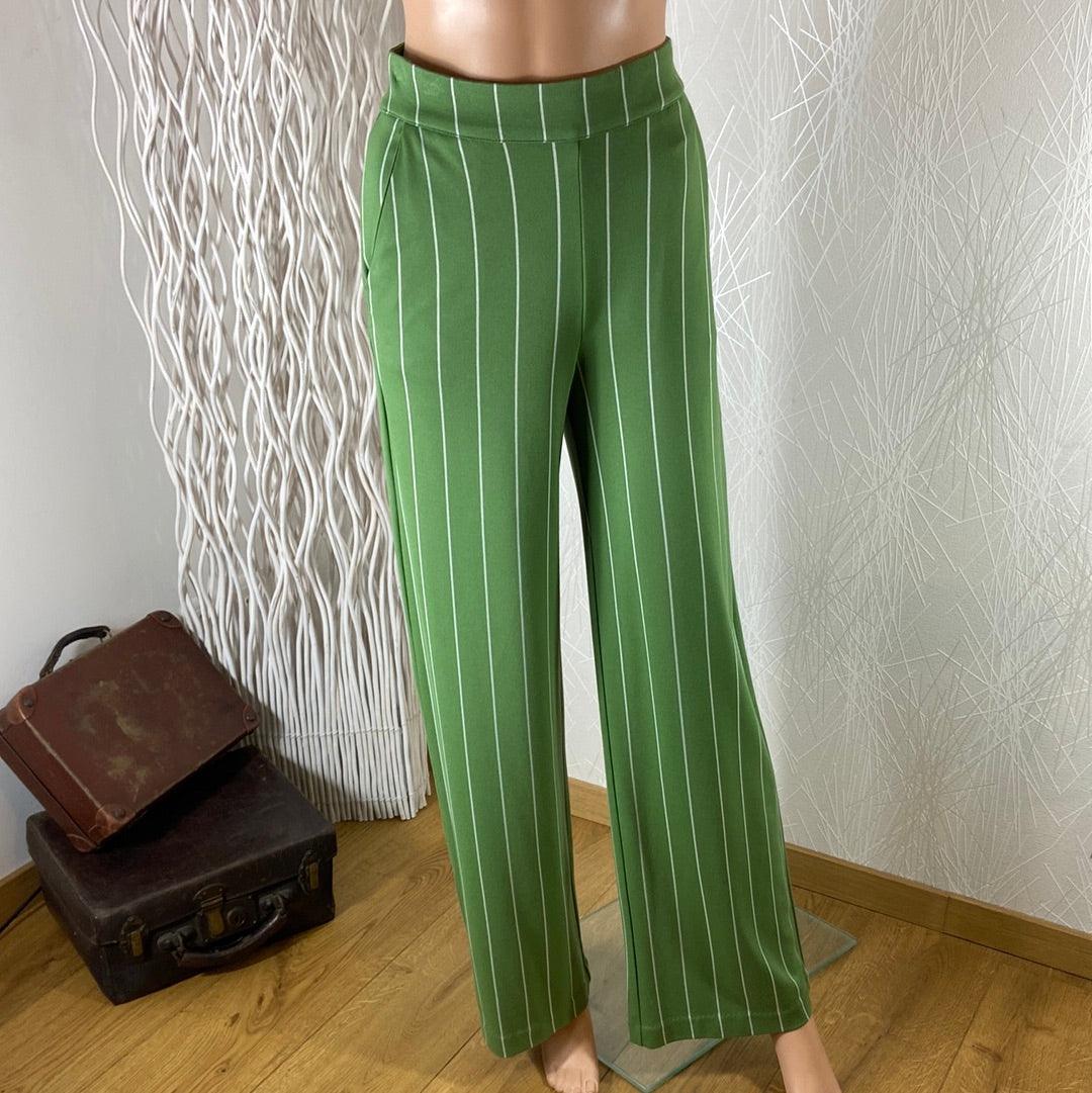 Pantalon femme vert rayé taille haute coupe ample Ihruti Wide Ichi - Offre-Unique