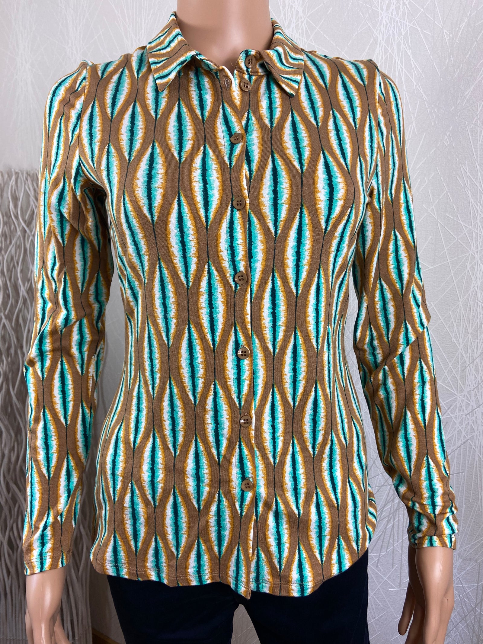 Blouse chemisier boutons motifs vintage 70's Surkana