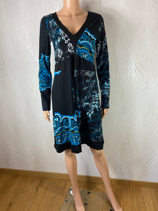 Robe noire et bleue 100 % coton manches longues style hippie chic Aller Simplement