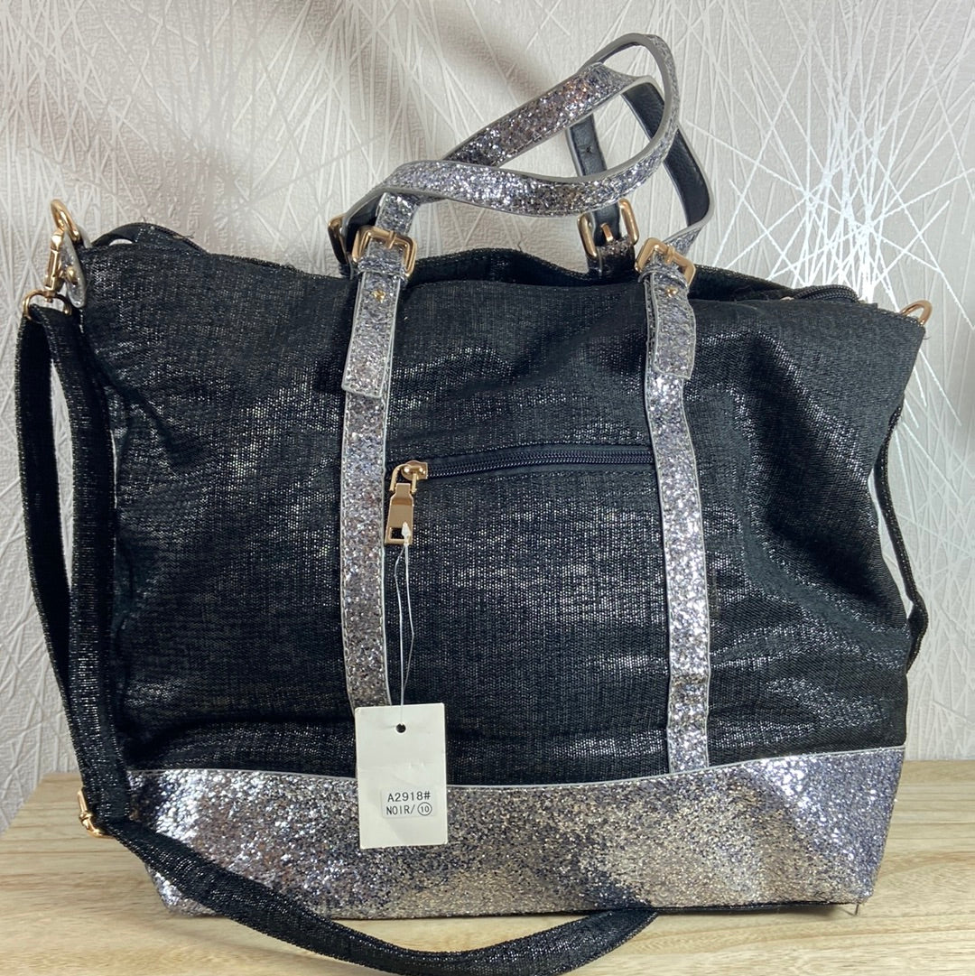 Sac à main avec anses et bandoulière tissu noir paillettes argentées