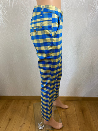 Pantalon coupe droite à carreaux bleu et jaune Zilch