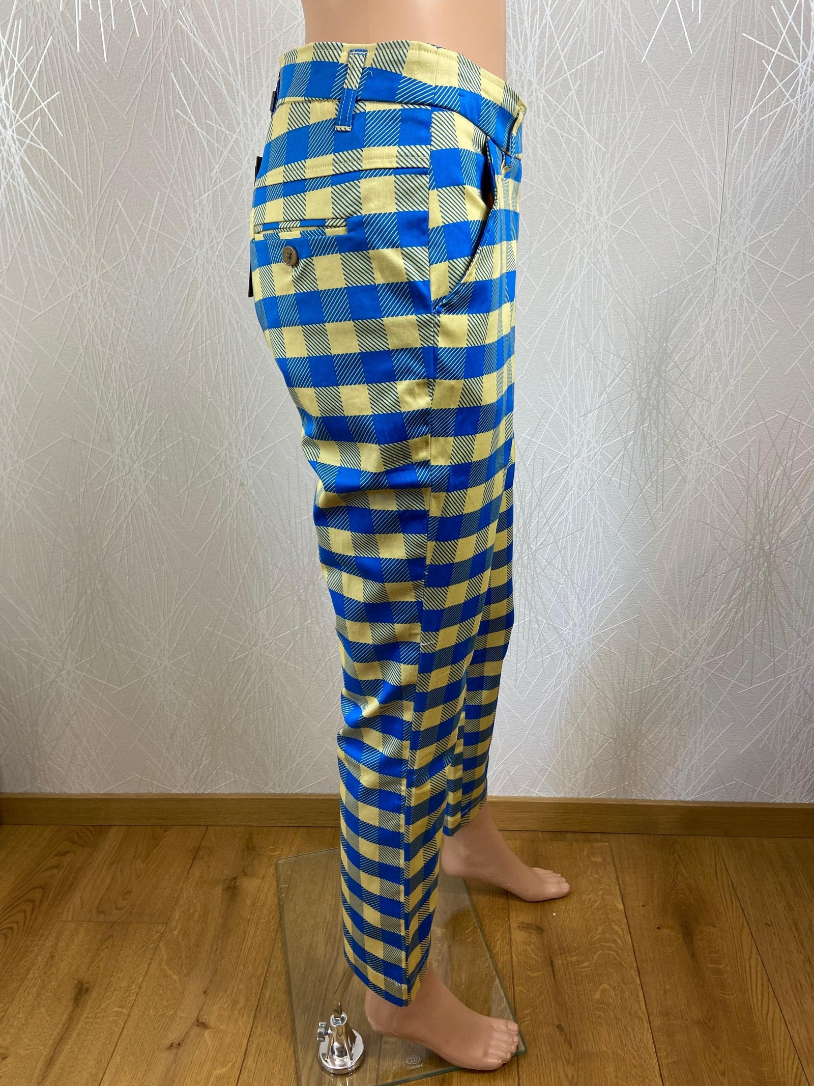 Pantalon coupe droite à carreaux bleu et jaune Zilch - Offre-Unique