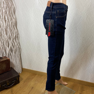 Jeans femme bleu foncé taille haute coupe slim couture contrastée Edo Jeans