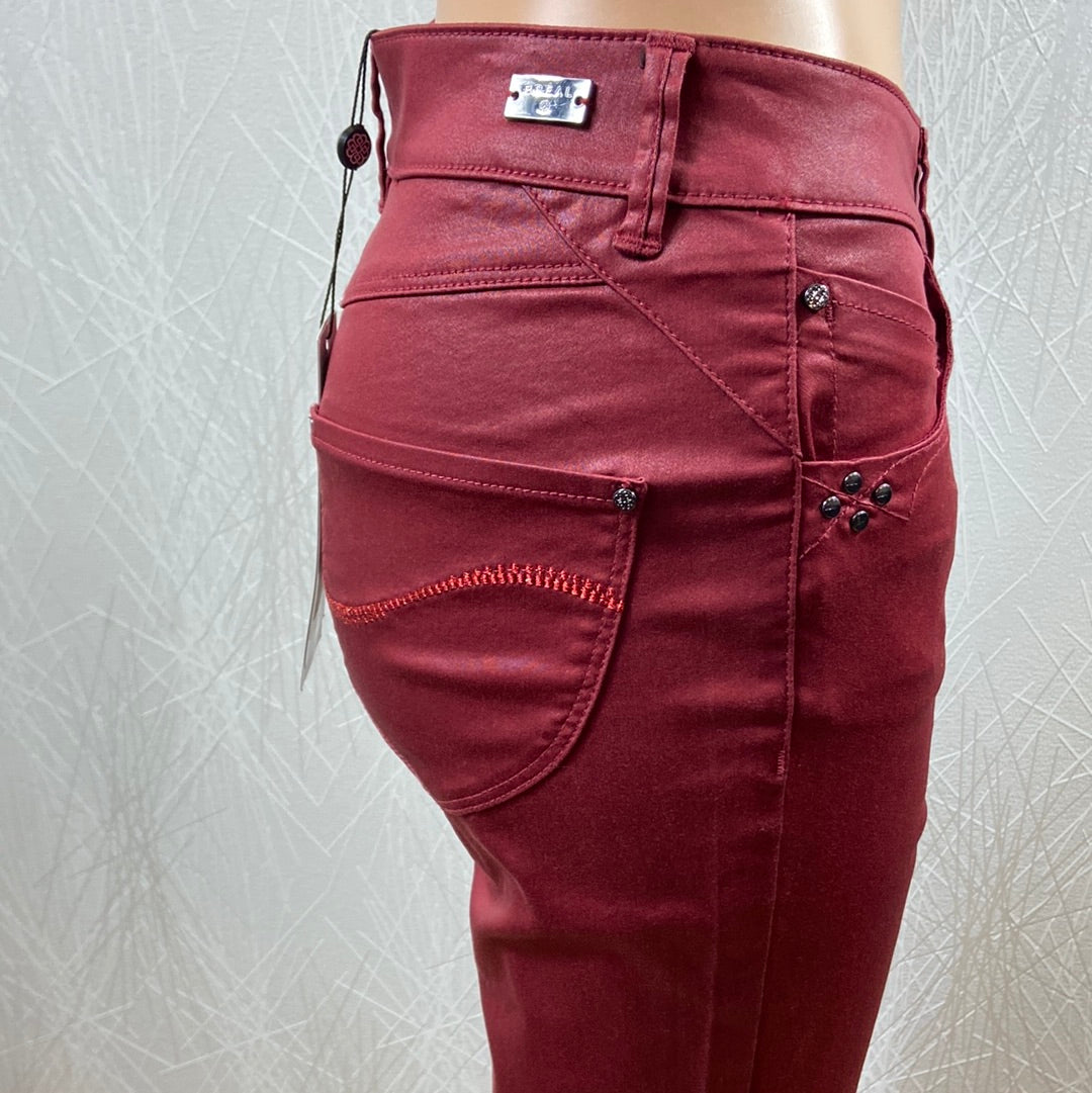 Pantalon enduit stretch rouge bordeaux taille bascul e haute Br al