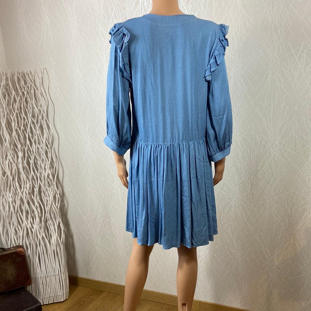 Robe bleue courte plis manches longues col V Edwige Vintage Love - Offre-Unique