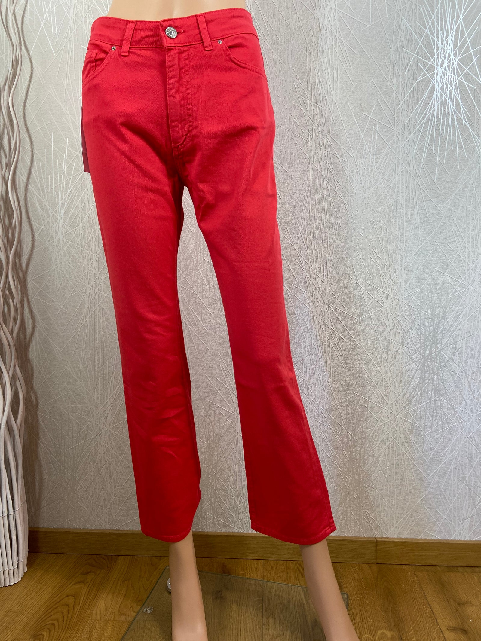 Pantalon coton rouge corail coupe cigarette taille haute Noir’n’bleu