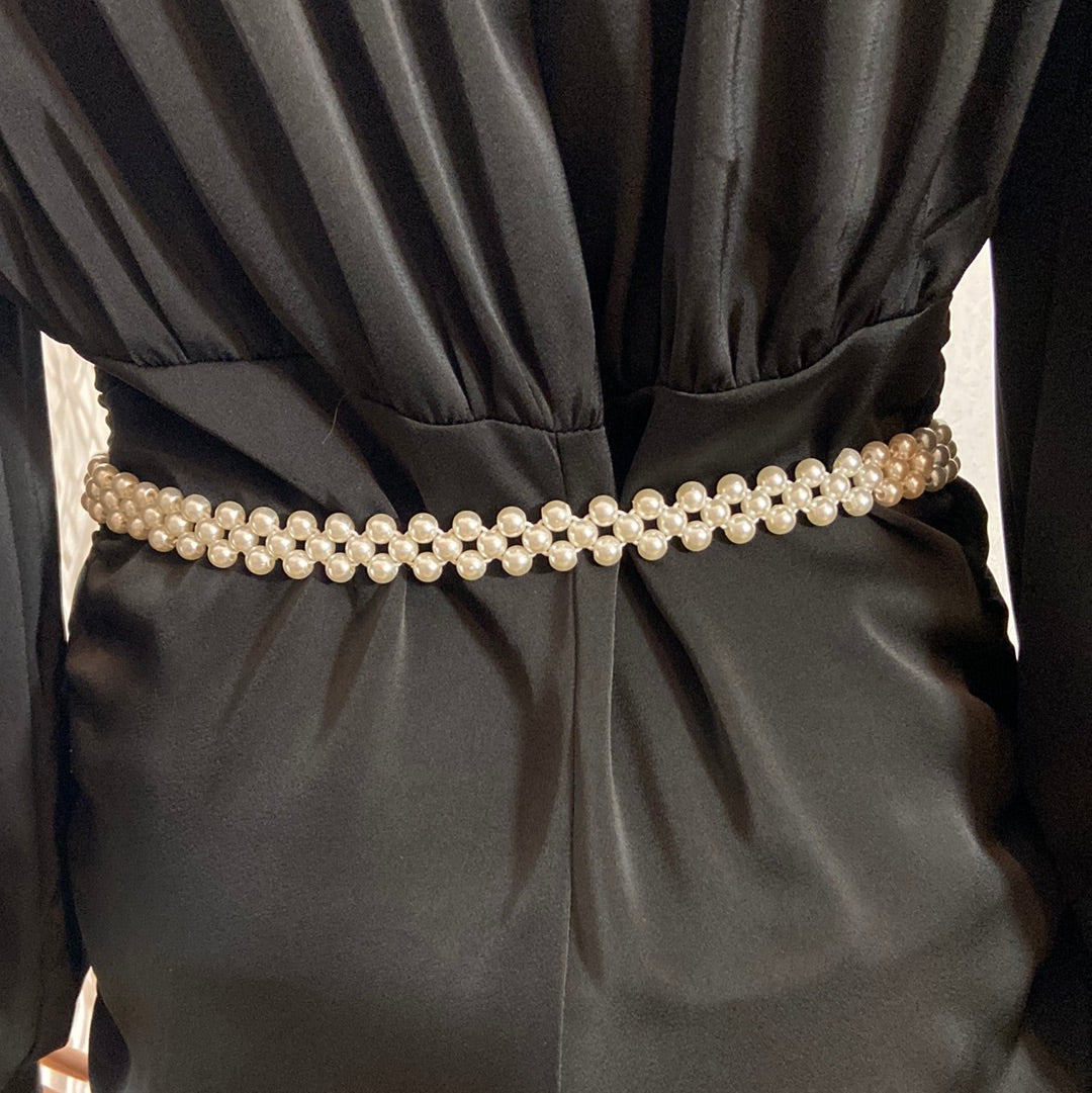 Ceinture élastique femme en perles et boucle en forme de feuille dorée