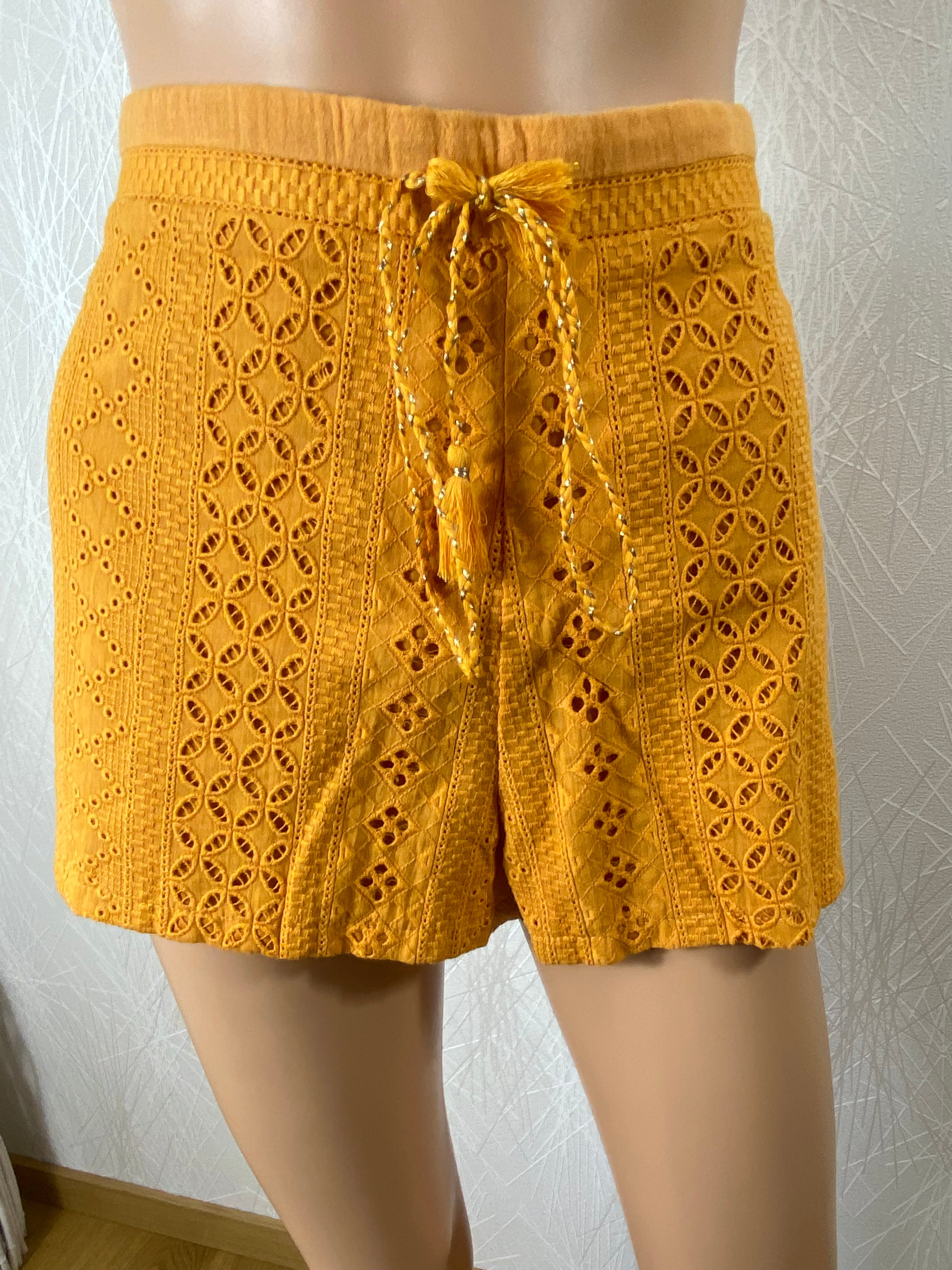 Short femme coton orange taille haute élastique broderie flot Garance