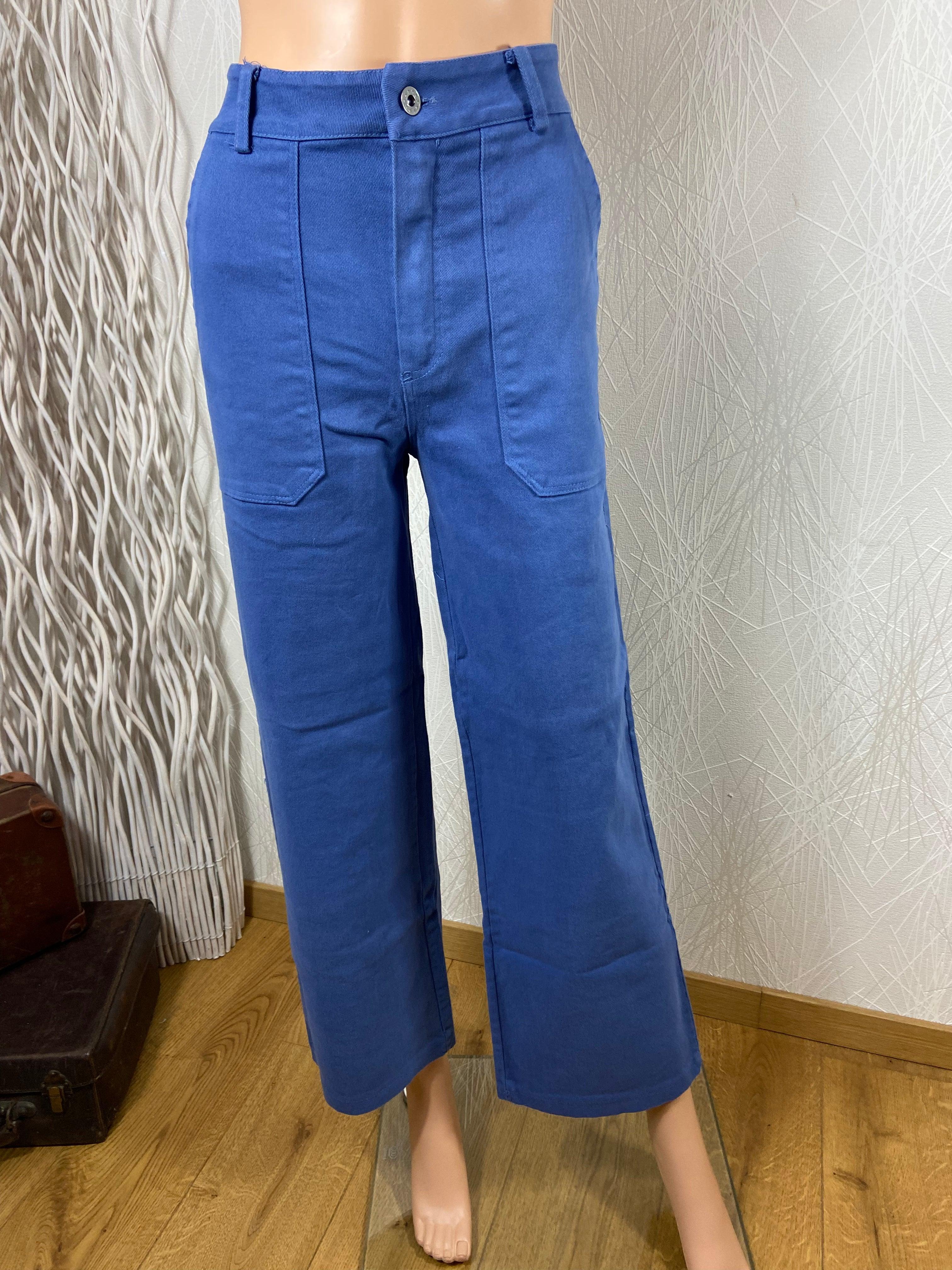 Pantalon bleu coton taille haute jambes larges Les Impatientes - Offre-Unique