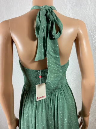 Robe verte sans manche dos nu cordon smocks gouttte d'eau Louche London