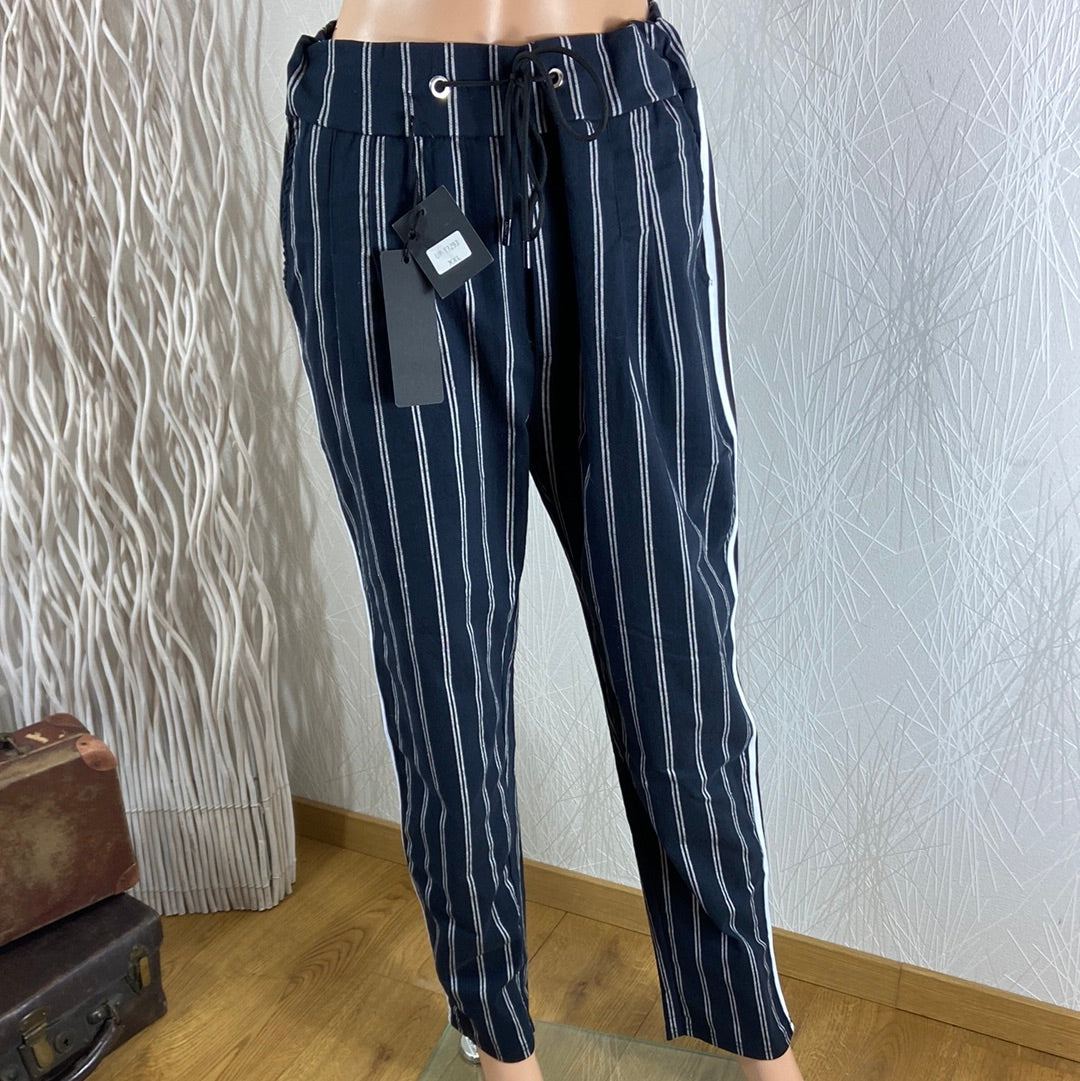 Pantalon femme tissu bleu rayé taille haute élastique cordon Uniplay