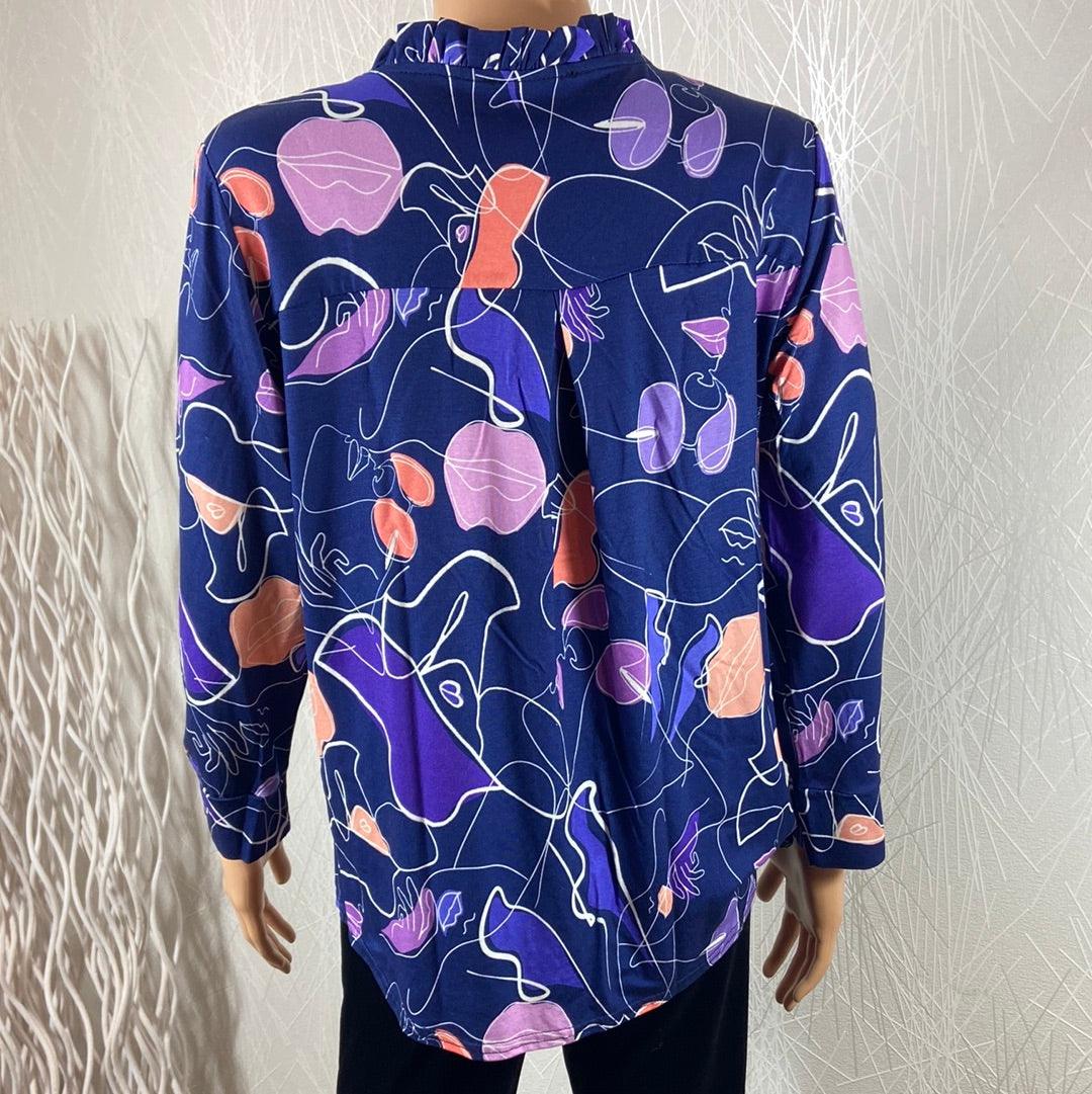 Blouse bleue à motifs col V manches longues plis Le Singe de Julie - Offre-Unique