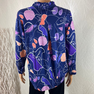 Blouse bleue à motifs col V manches longues plis Le Singe de Julie