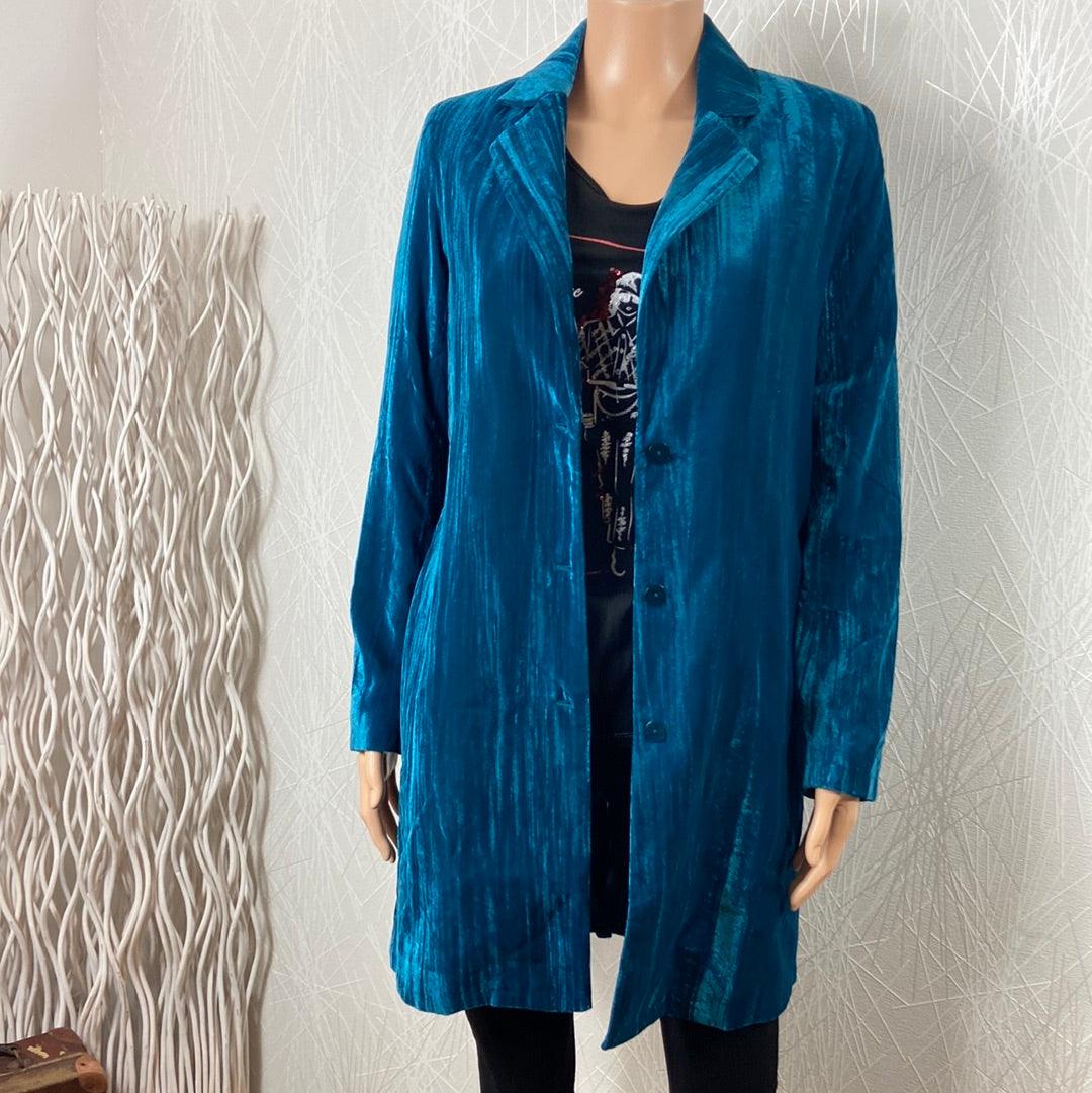 Veste longue femme velours satiné bleu pétrole Surkana - Offre-Unique