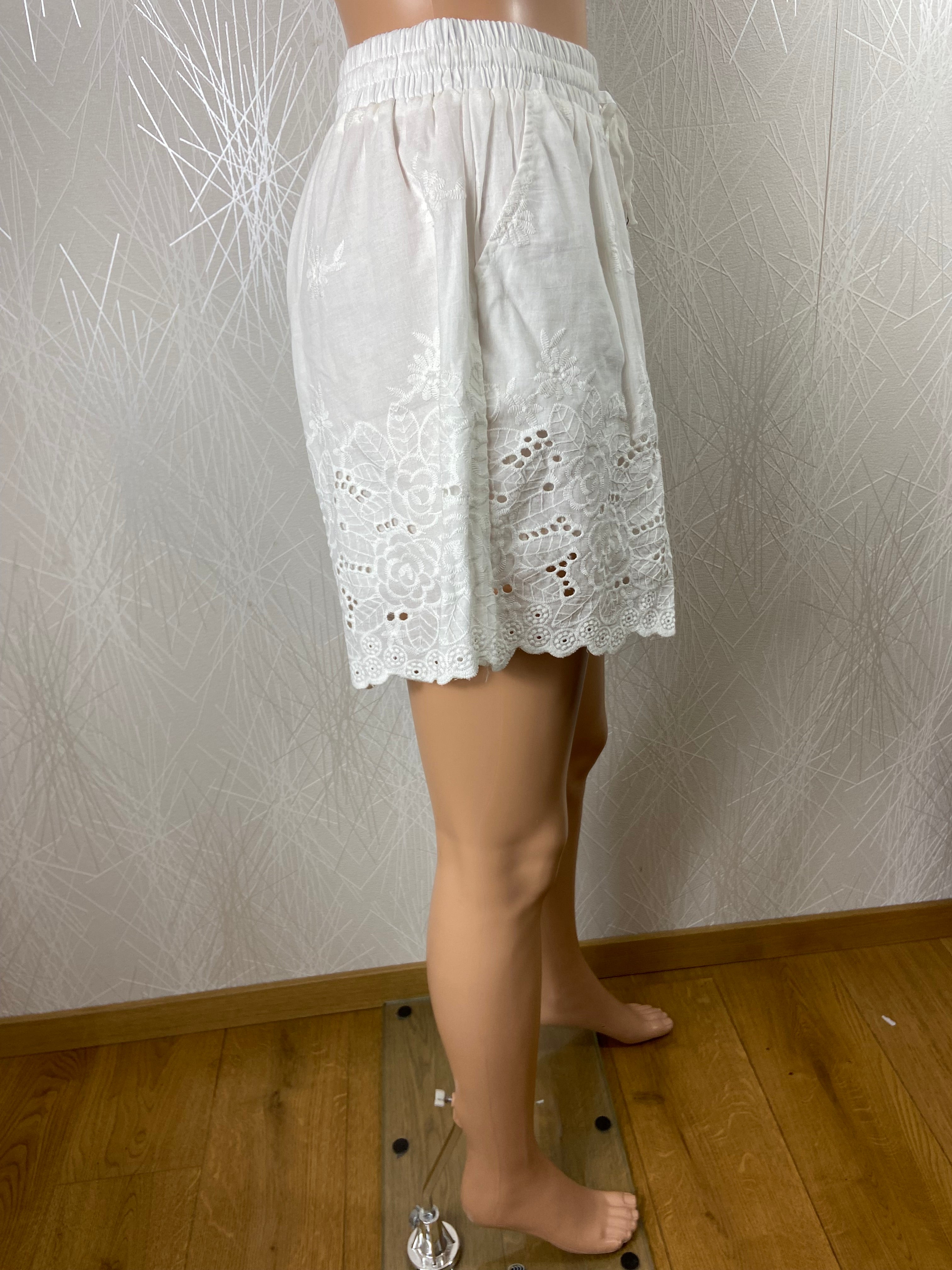 Short femme coton blanc avec broderie taille haute élastique Drôle de Copine