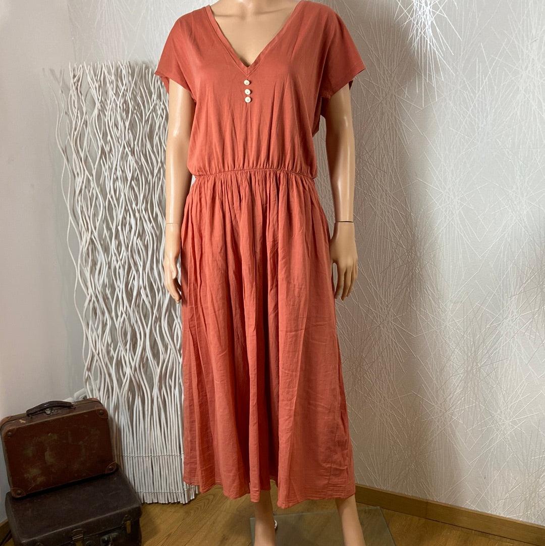 Robe longue coton ceintrée manches courtes col V brun orangé - Offre-Unique