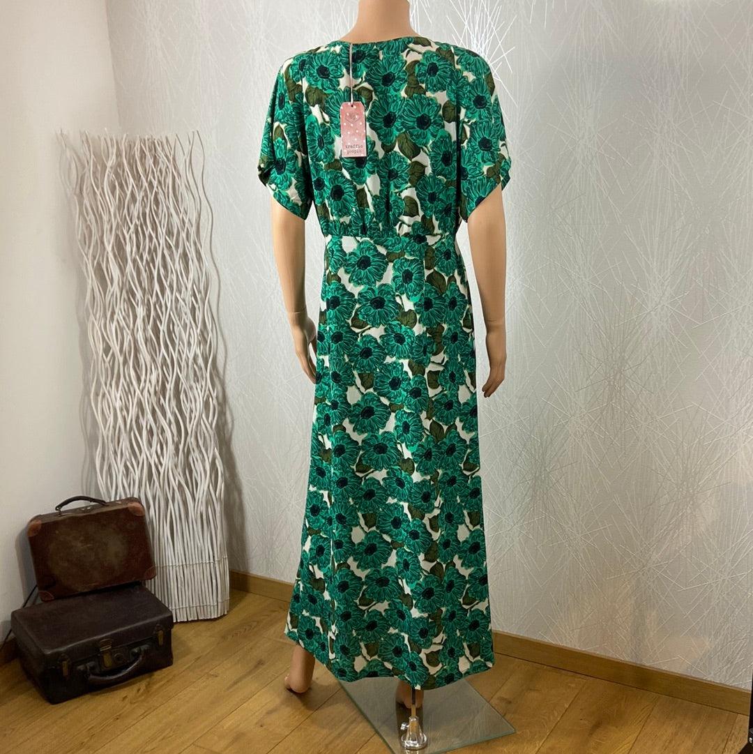 Robe longue verte fleurs motif vintage manches courtes Lenu Dress Traffic People - Offre-Unique