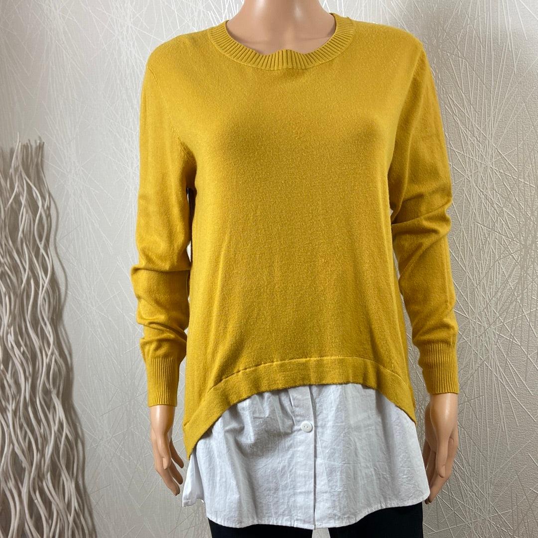 Pull asymétrique jaune moutarde empiècement chemisier blanc Made In Italy - Offre-Unique