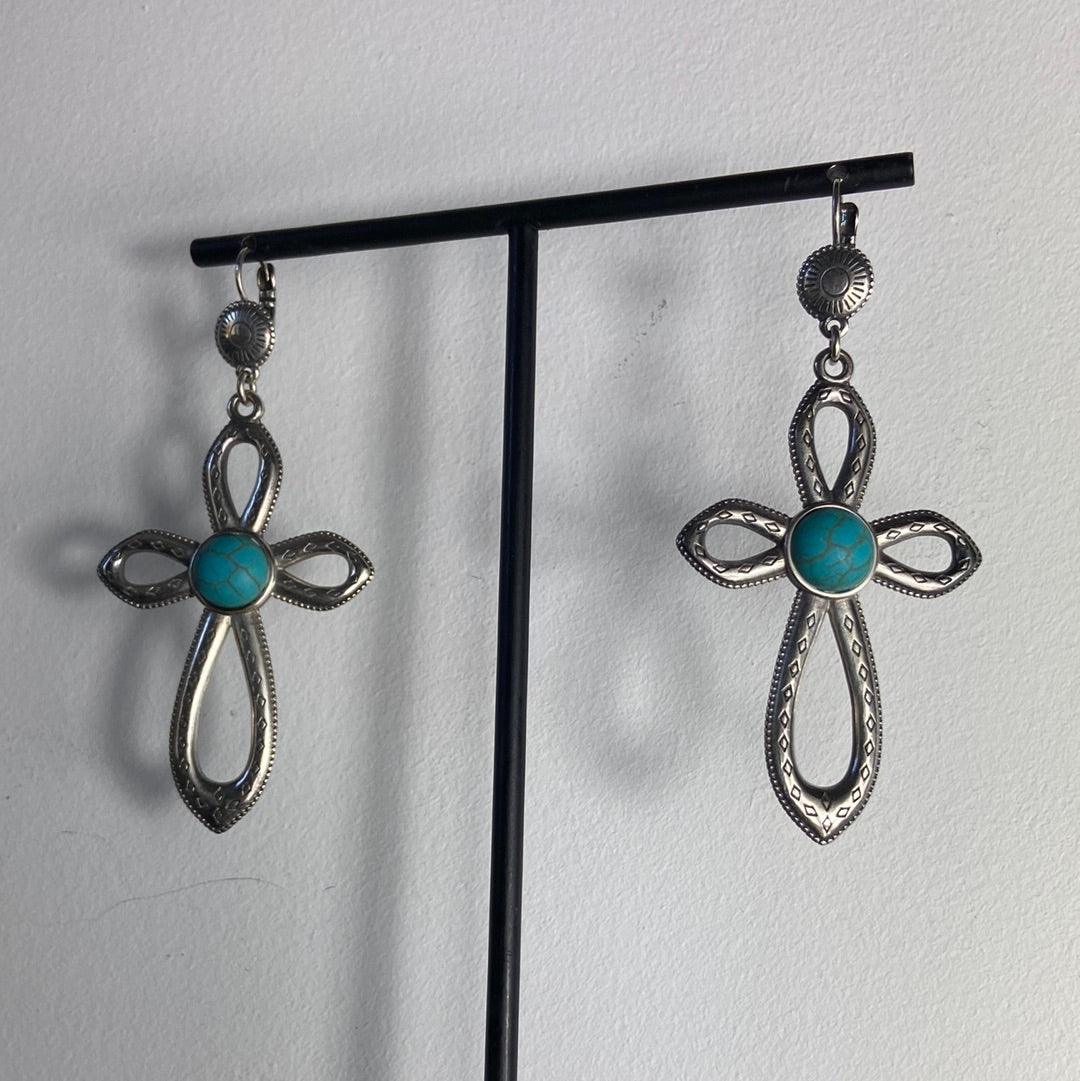 Boucles d’oreilles croix pendantes dormeuses plaqué argent pierre bleu turquoise Shabada - Offre-Unique