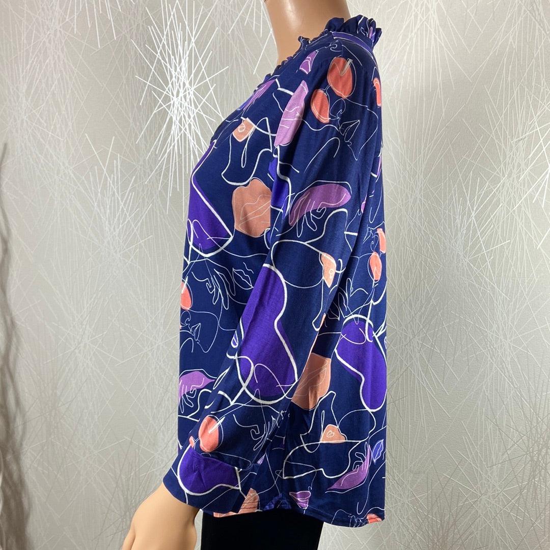 Blouse bleue à motifs col V manches longues plis Le Singe de Julie - Offre-Unique