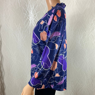 Blouse bleue à motifs col V manches longues plis Le Singe de Julie