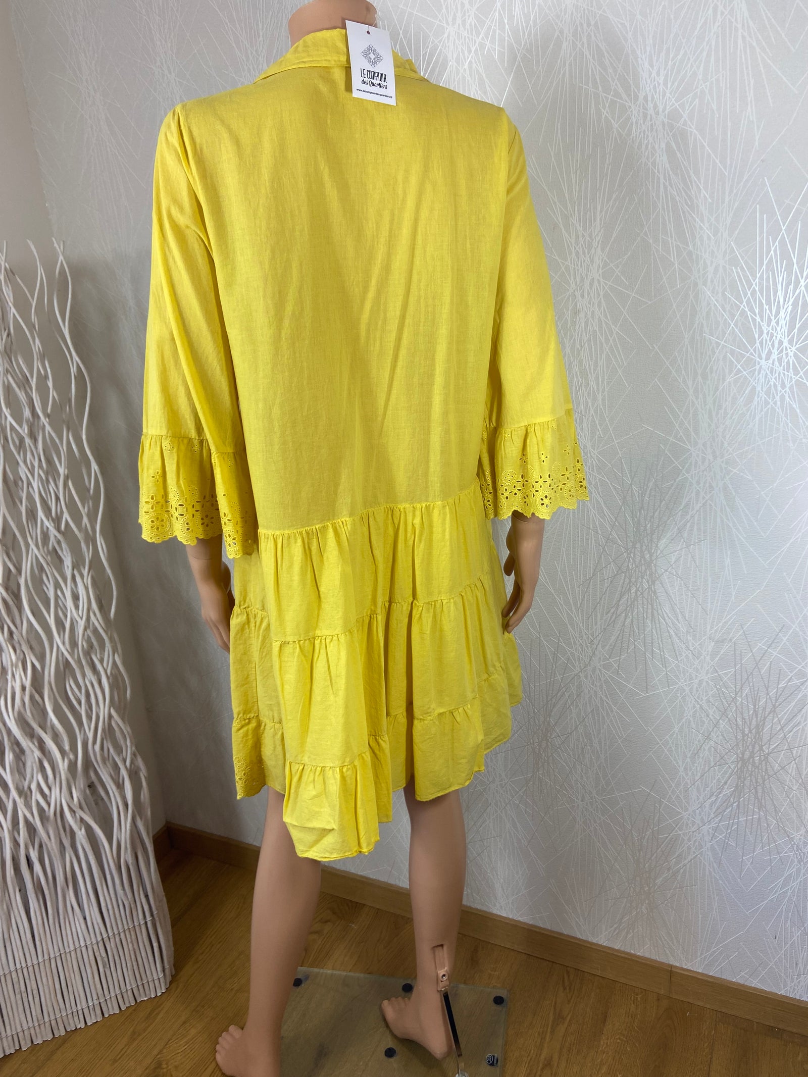 Robe ajourée jaune manches 3/4 100% coton Laure 25 - Taille Unique