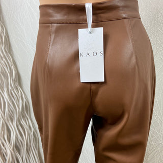 Pantalon femme en cuir synthétique marron taille haute coupe ample Kaos