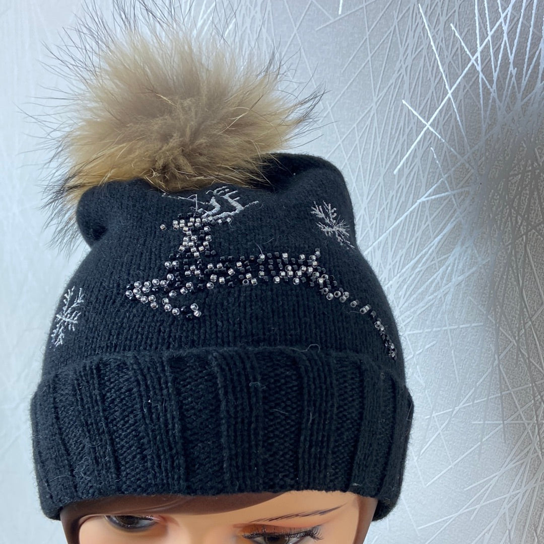 Bonnet chaud avec laine en tricot noir avec perles et pompon fourrure Mar & Co