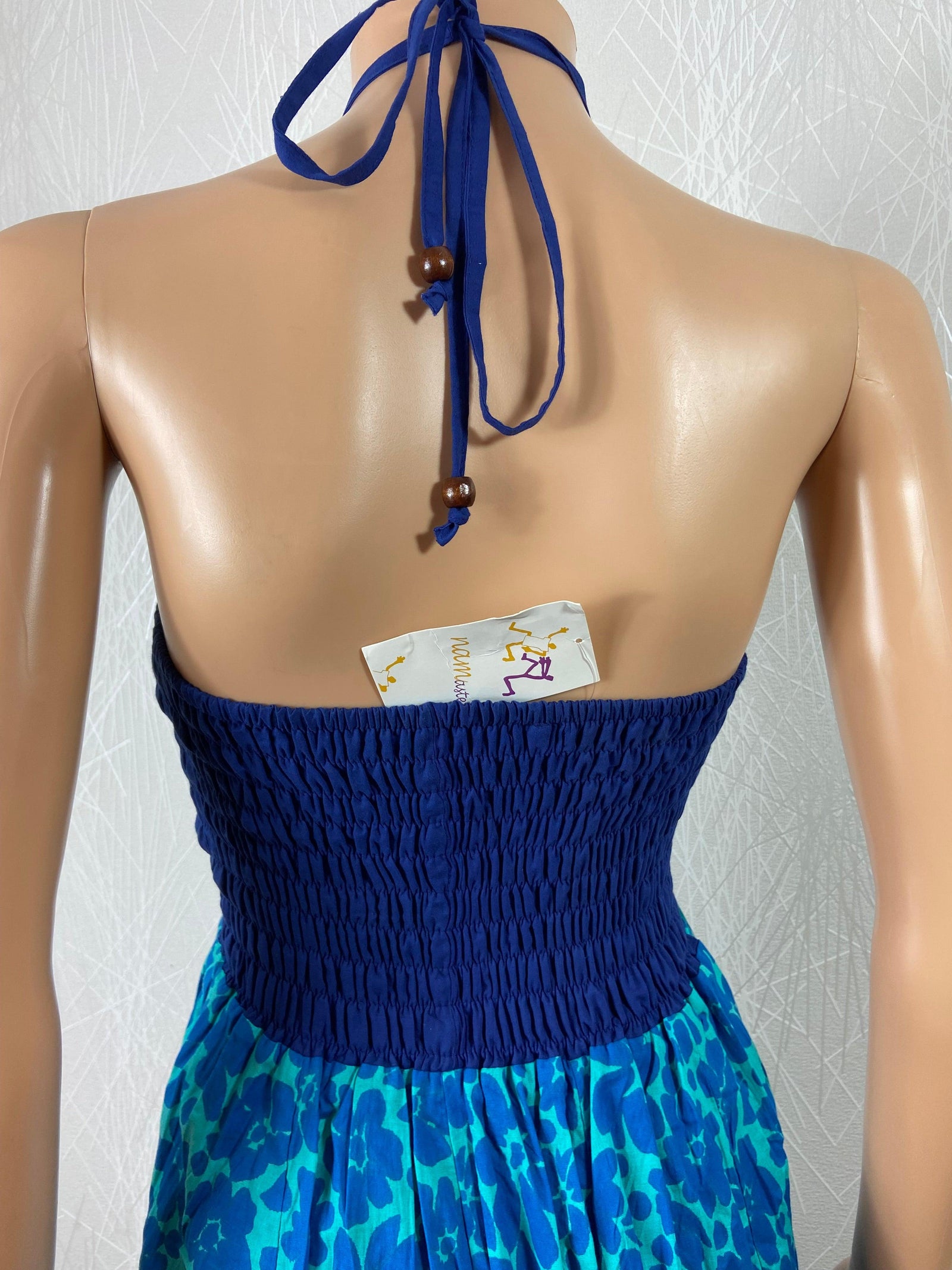 Robe bleue coton bandeau smocks plis cordon Namaste - Offre-Unique