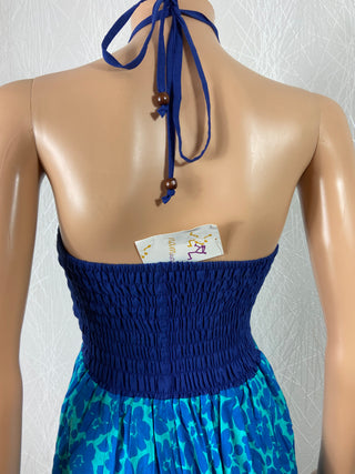 Robe bleue coton bandeau smocks plis cordon Namaste